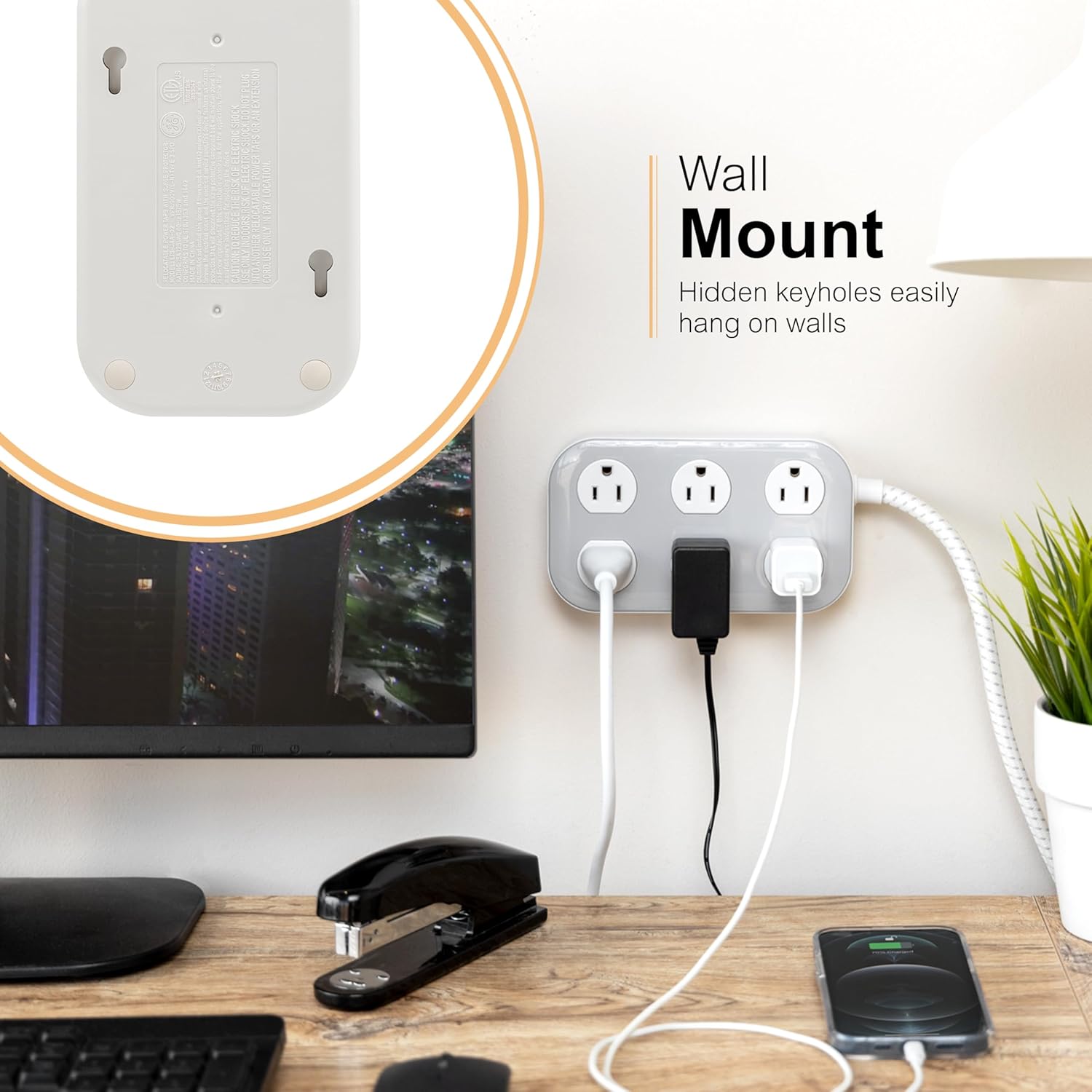 GE 6-Outlet Surge Protector Power Strip, 6 Ft Braided Cord, Multi Plug Outlet Extender, Charging Station, Flat Plug, 490 Joules, White/Gray, 81782 (Pack of 1)